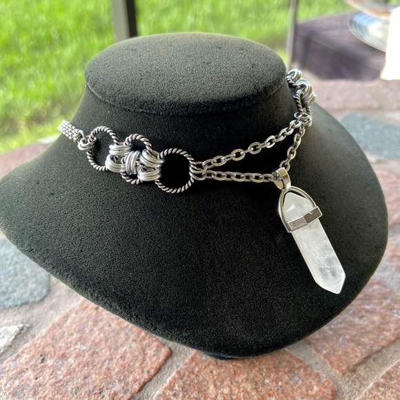 Handmade maille choker & Clear crystal quartz bullet charm boho necklace - Picture 13 of 15